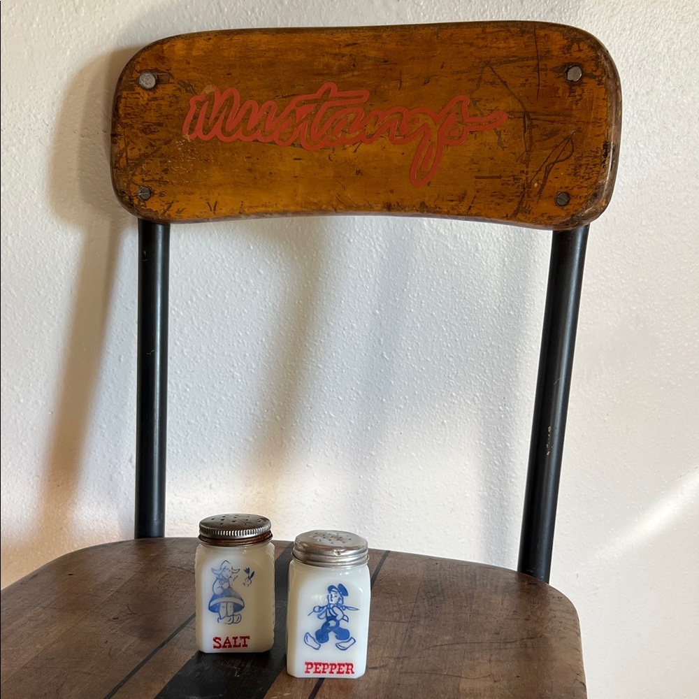 Set of milk glass salt and pepper shakers made in USA tin lid